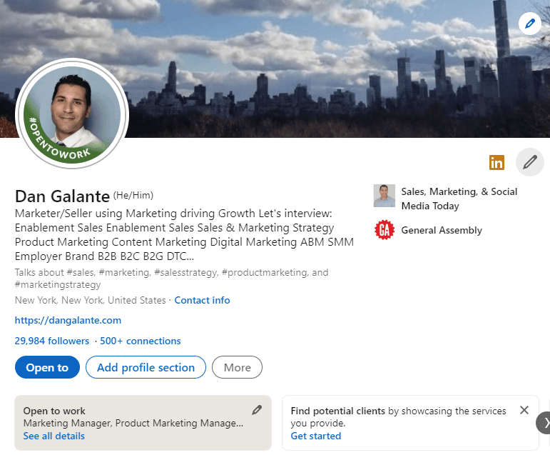 Example LinkedIn profile for a marketing persona with an established network and followers
