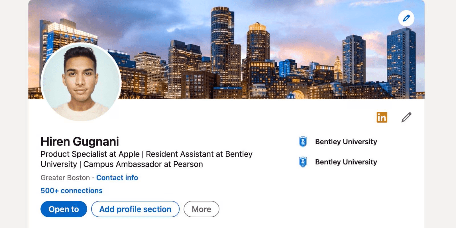 Example of a managed LinkedIn profile with a custom banner and headline