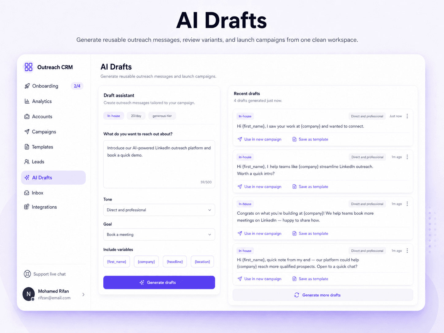 AI campaign drafts | BriskReach dashboard