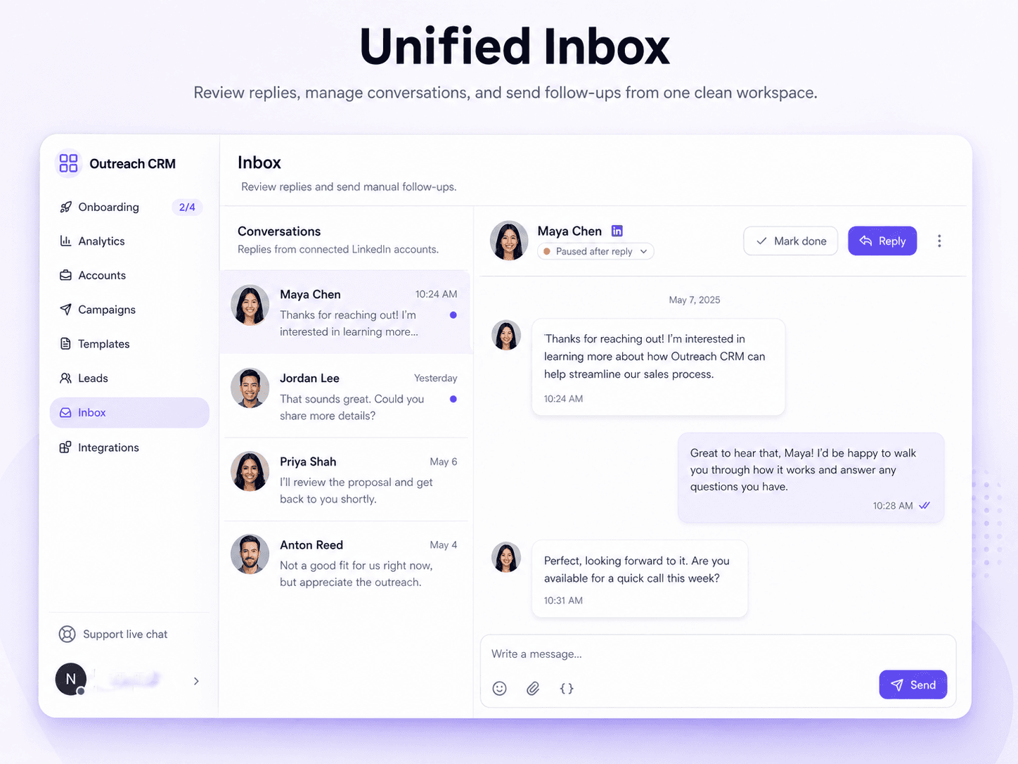 Unified inbox | BriskReach dashboard