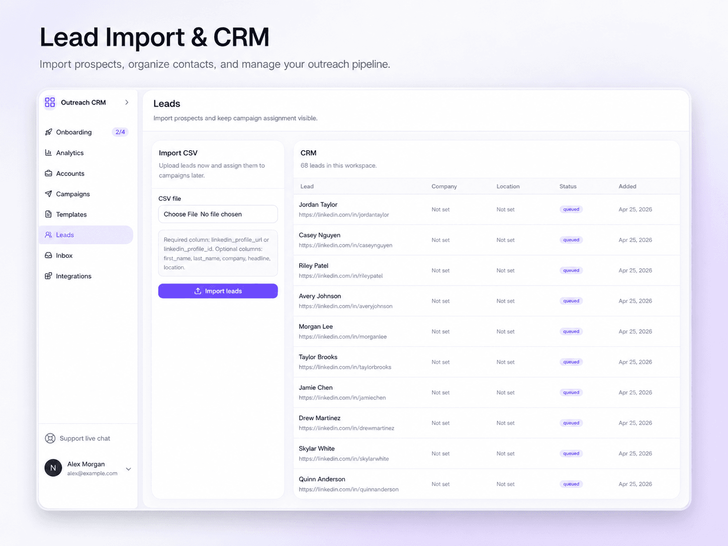 Lead import & CRM | BriskReach dashboard