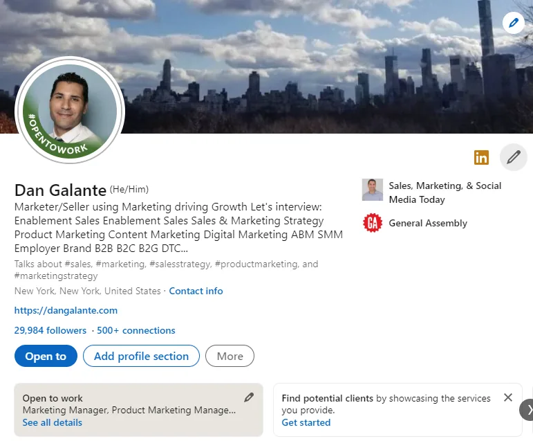 Example LinkedIn profile for a marketing persona with an established network and followers