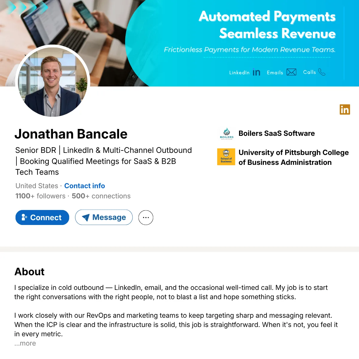 Example of a managed LinkedIn profile for a sales persona