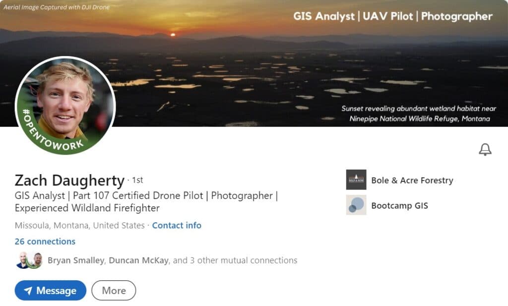 Example LinkedIn profile with a real photo, custom header image, and a complete headline