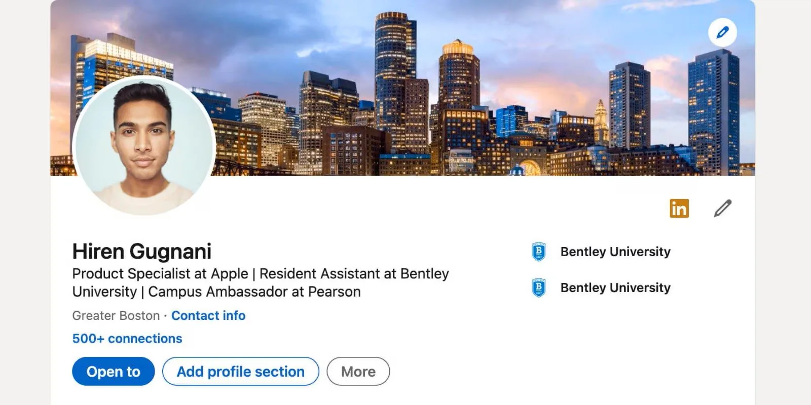 Example of a managed LinkedIn profile with a custom banner and headline