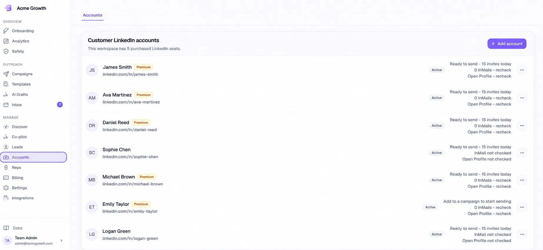 Connected LinkedIn sender accounts in the BriskReach workspace