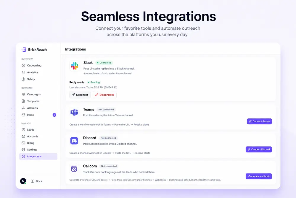 Integrations page in BriskReach