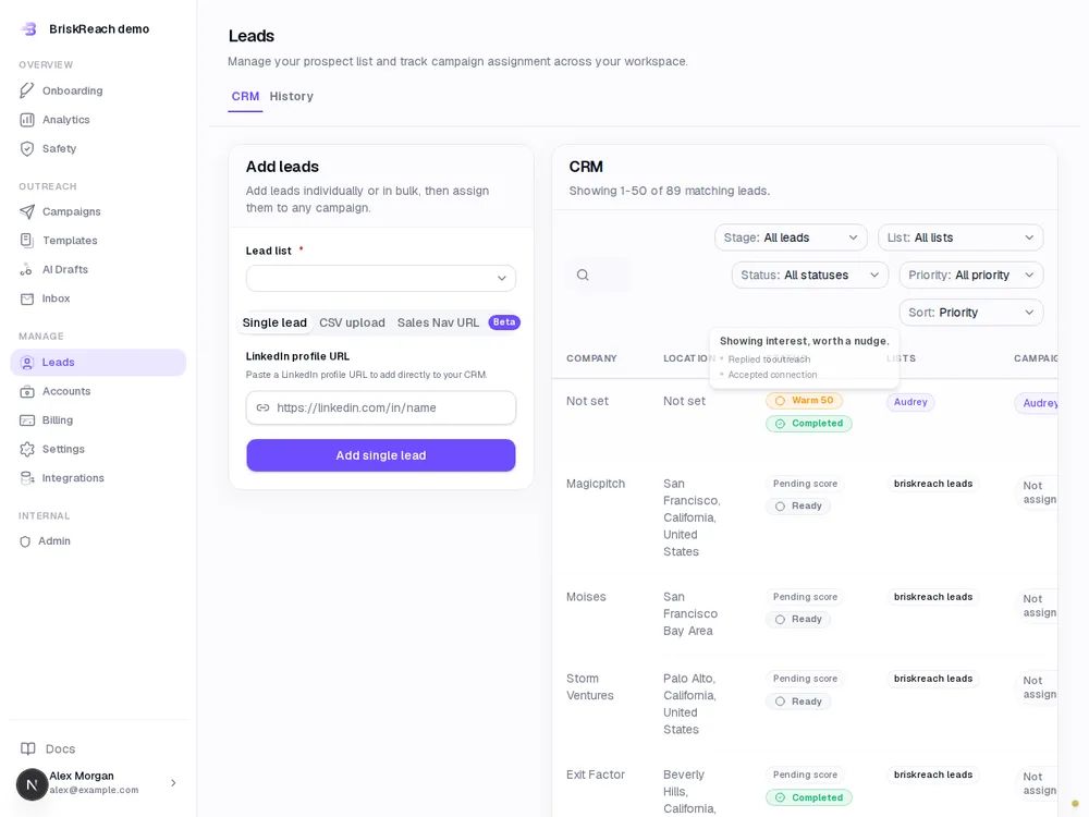 Lead priority scoring in the BriskReach CRM