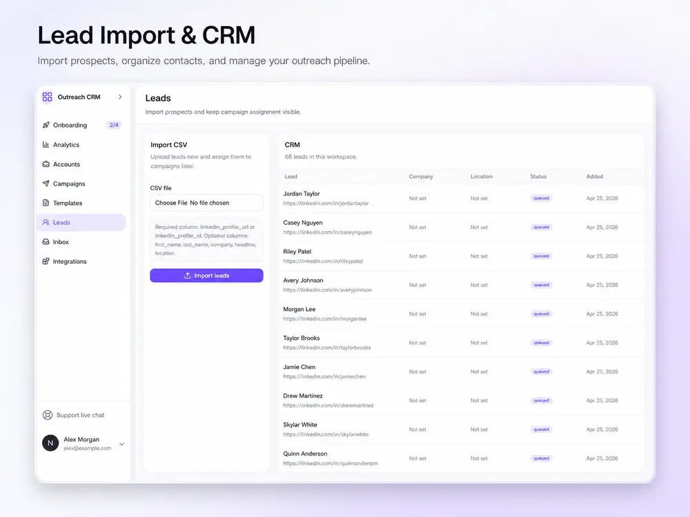 Lead import and CRM table in BriskReach
