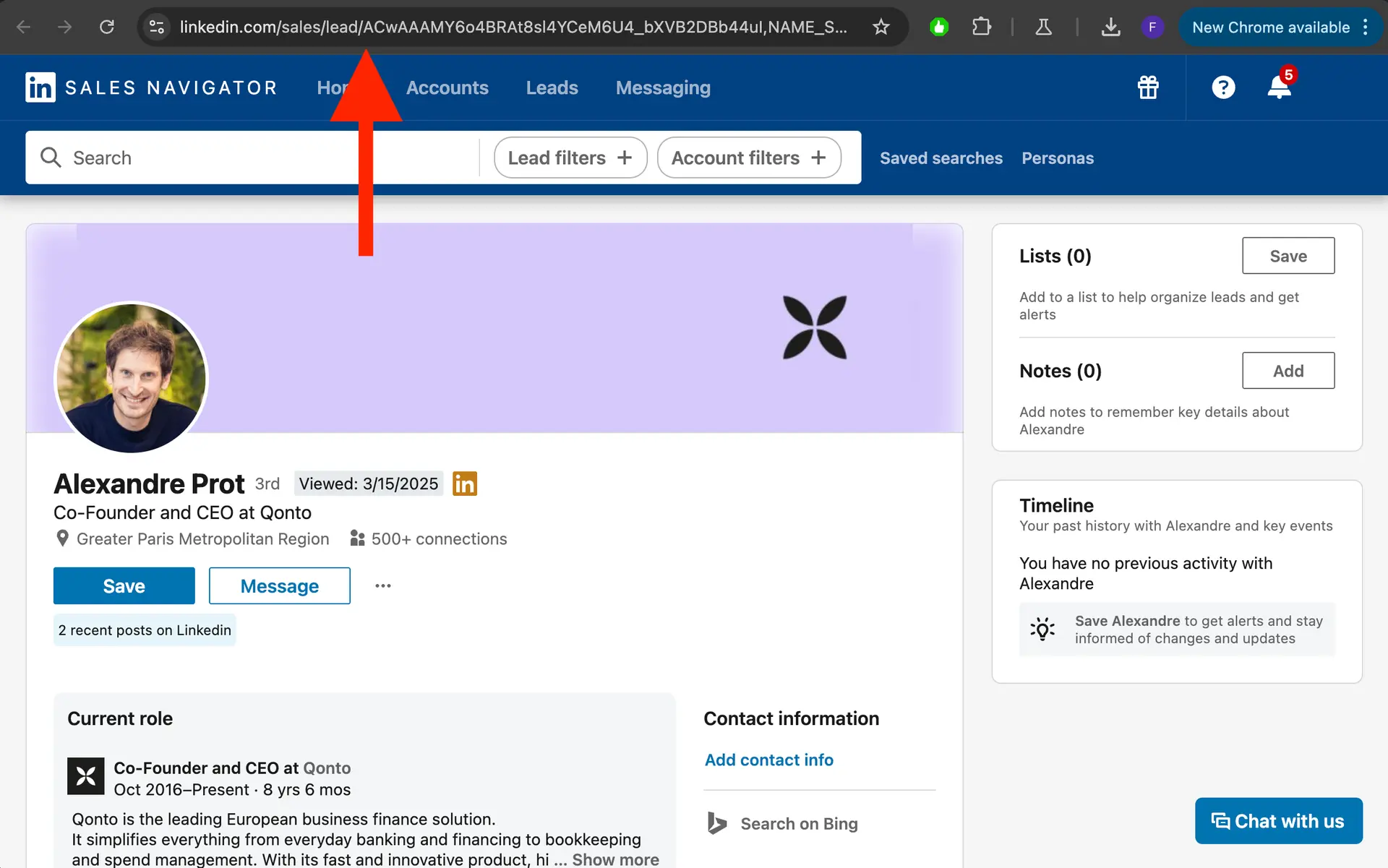 A Sales Navigator lead profile with a red arrow pointing at the linkedin.com/sales/lead URL in the browser address bar.